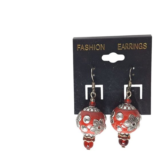 Lampwork Red Beads Silver Dangle Drop Earrings Boho Womens Costume Jewelry - Picture 1 of 2